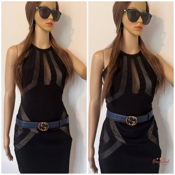 Authentic Gucci Blue Leather Gold Interlocking G Buckle Belt 85/34 - Picture 11 of 13